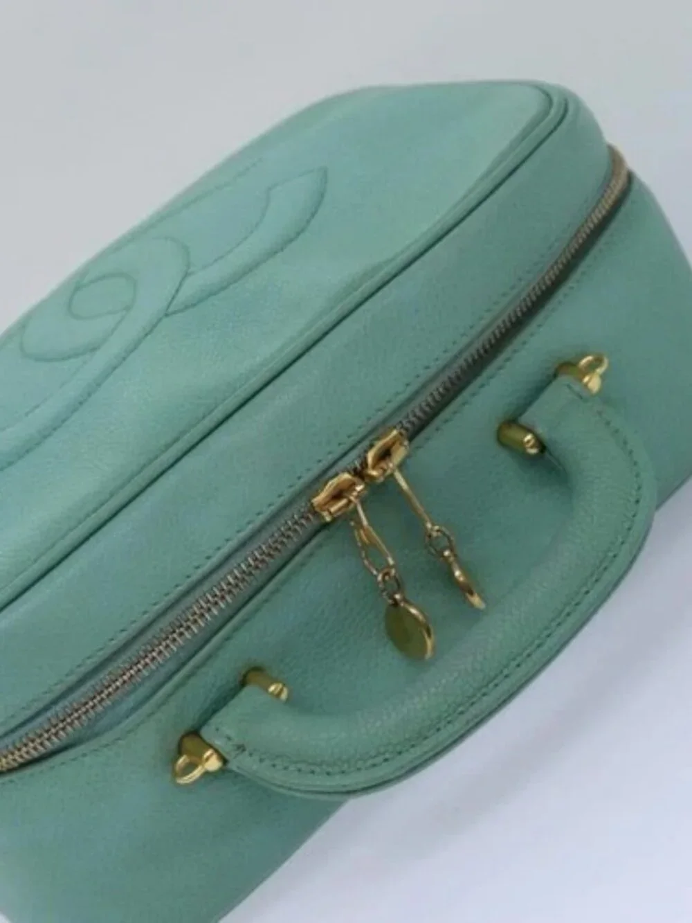 CHANEL Vanity COCO Mark Hand Bag Calf Skin Emerald Green CC Auth yk13974AV